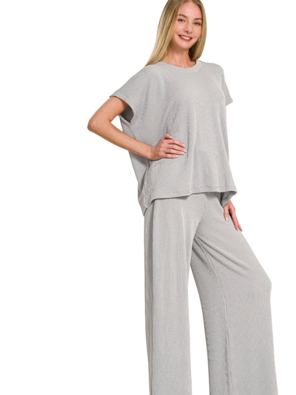 Zenana Cozy Waffle-Knit Lounge Set - Light Gray